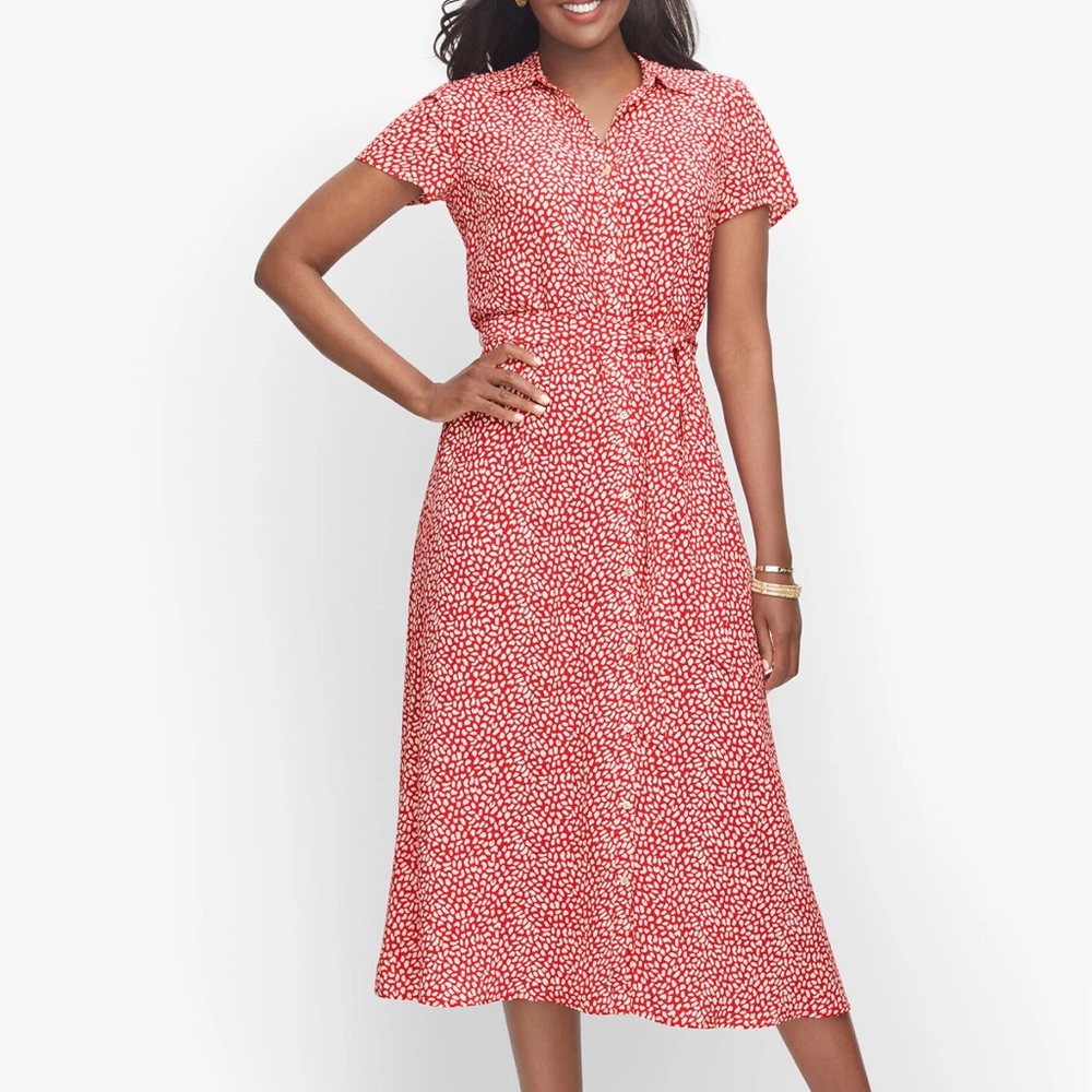 Talbots Red and White Short-Sleeve Printed Midi Shirt Dress